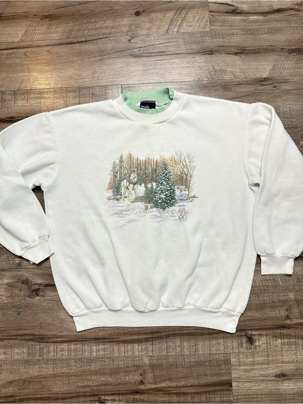 VTG 90s Truly Northern Winter Scene Double Collar Crewneck Sweatshirt Cabin M